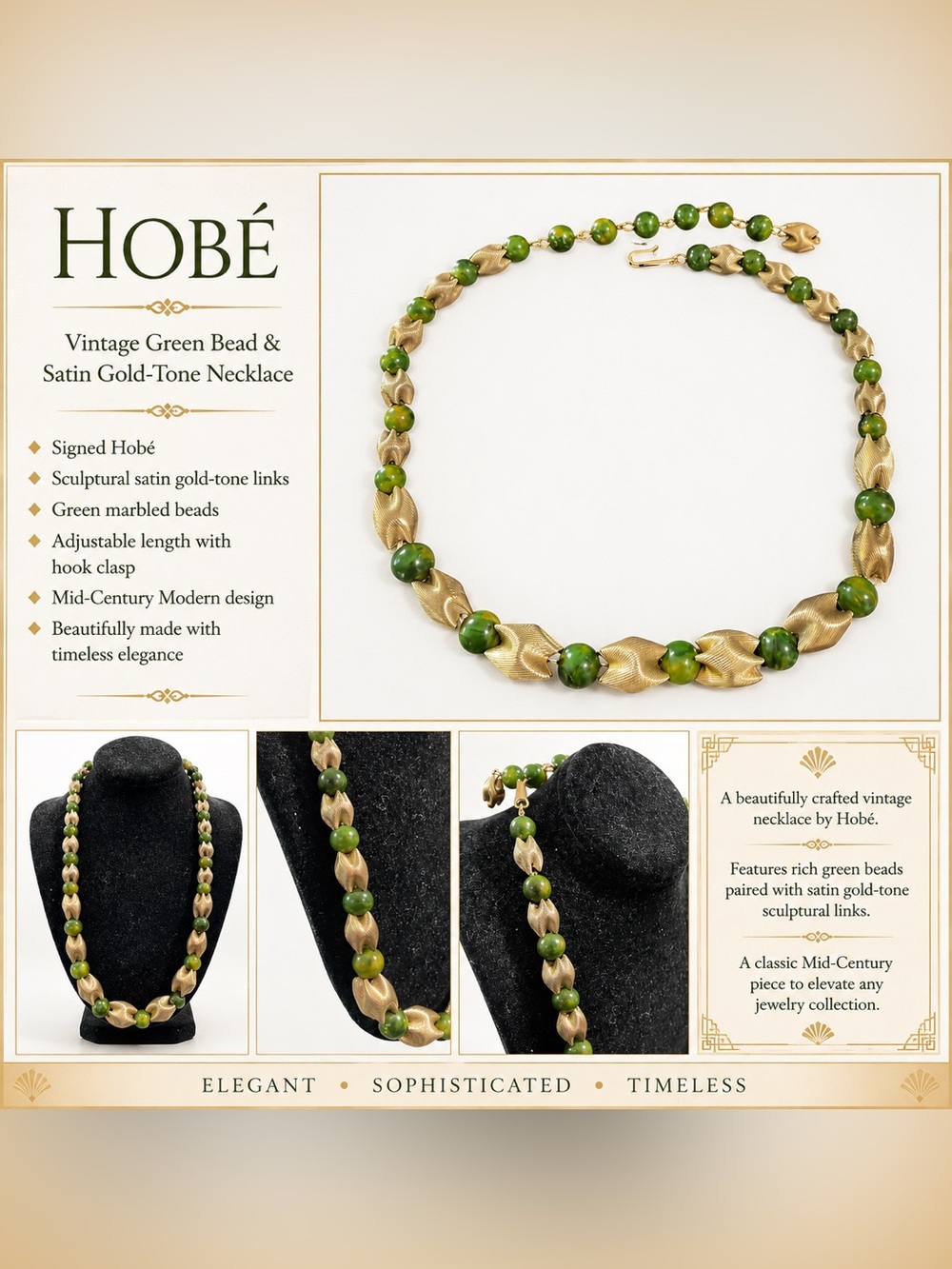 Vintage Hobe Green Bead Necklace with Satin Gold-Tone Links